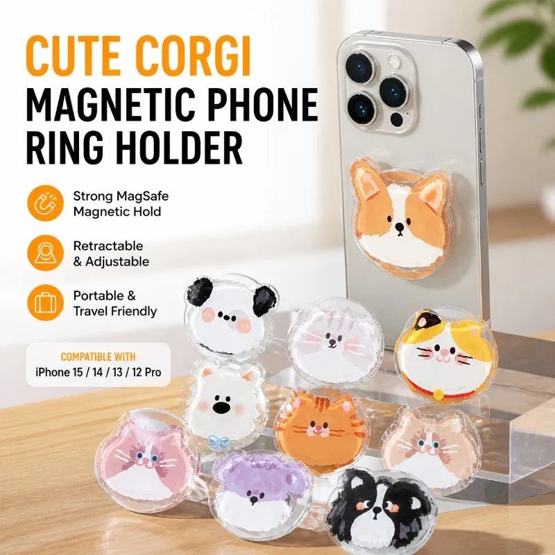 Magnetic Phone Ring Holder Stand for MagSafe, Corgi Dog Pattern, Retractable & Portable, Compatible with iPhone 15 14 13 12 Pro
Magnetic Phone Ring Holder Stand for MagSafe, Corgi Dog Pattern, Retractable & Portable, Compatible with iPhone 15 14 13 12 Pro