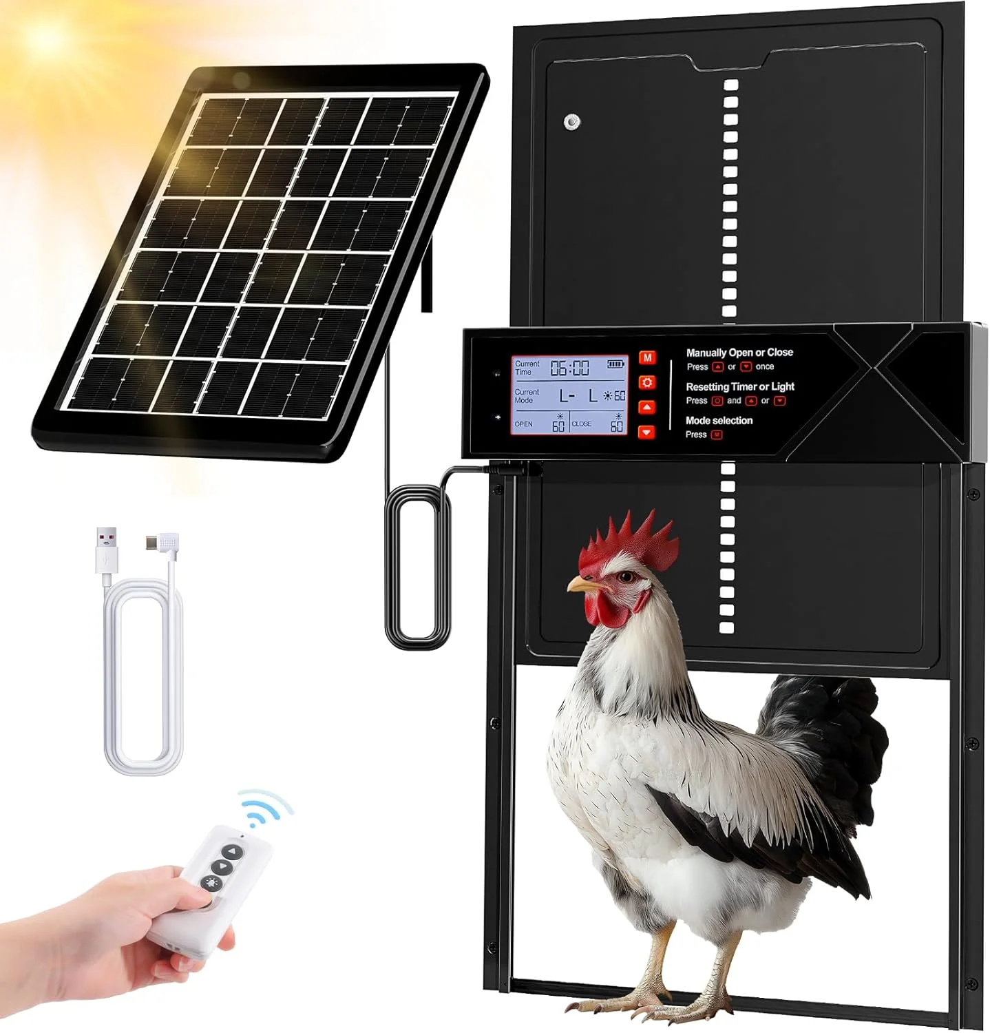 Upgrade Large Automatic Chicken Coop Door Solar Powered with Timer & Light Sensor Mix 4 Modes, Solar Power & USB Charging, Alumi
Upgrade Large Automatic Chicken Coop Door Solar Powered with Timer & Light Sensor Mix 4 Modes, Solar Power & USB Charging, Alumi