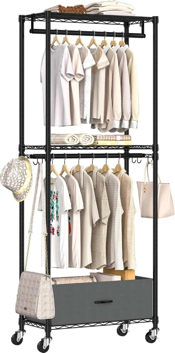 Rolling Clothes Rack, 3 Tier Garment Rack for Hanging Clothes, Metal Wire Wardrobe with Drawer Rods Portable Closet Organizer
Rolling Clothes Rack, 3 Tier Garment Rack for Hanging Clothes, Metal Wire Wardrobe with Drawer Rods Portable Closet Organizer