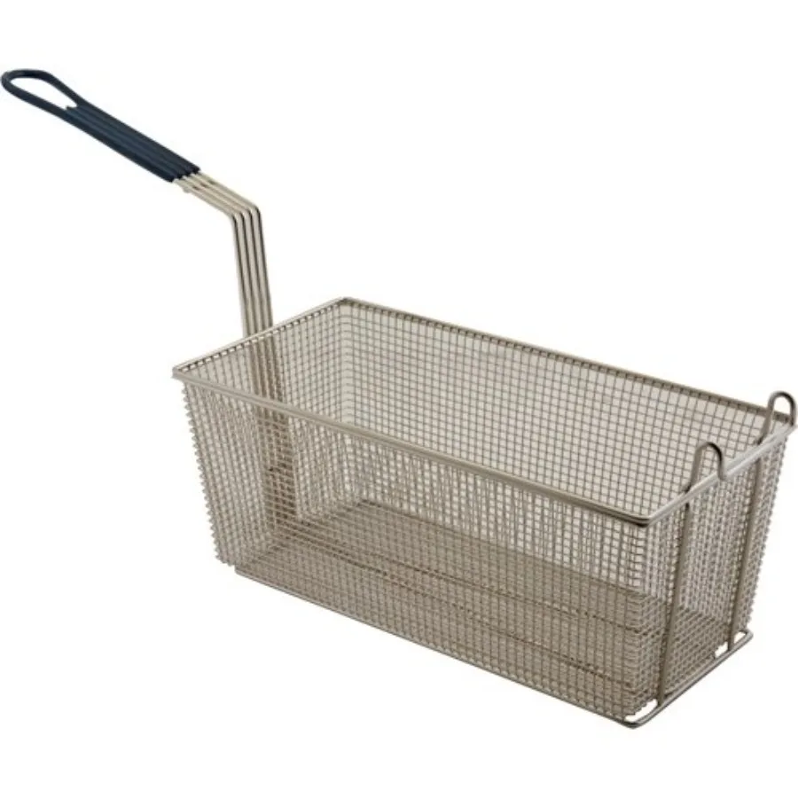 Commercial kitchen fryer basket with vinyl-coated handle, black, durable stainless steel, front hook design for safe handling
Commercial kitchen fryer basket with vinyl-coated handle, black, durable stainless steel, front hook design for safe handling