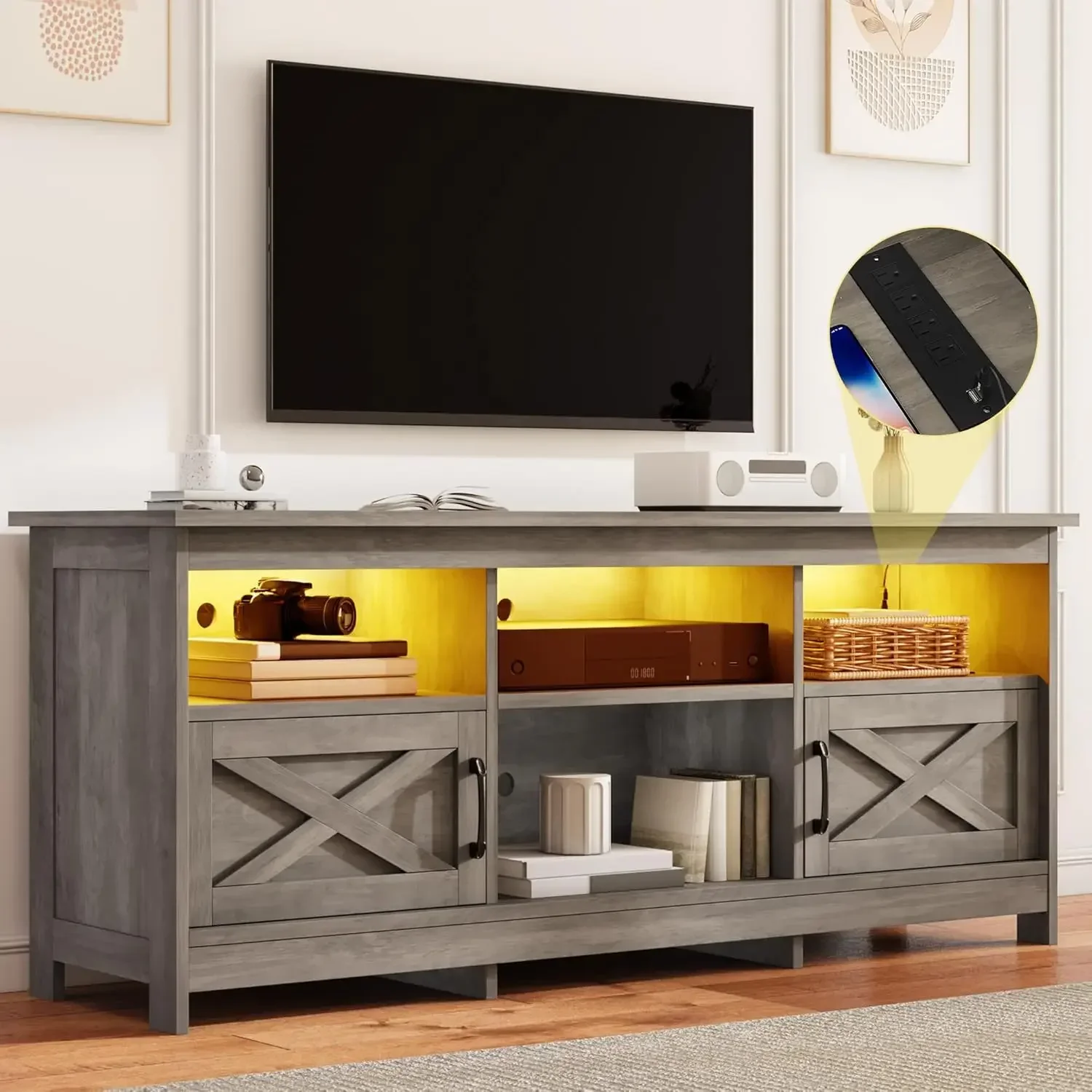 Farmhouse TV Stand with Power Outlets & LED Lights, Entertainment Center for TVs up to 80", TV Console with Storage Cabinets & O
Farmhouse TV Stand with Power Outlets & LED Lights, Entertainment Center for TVs up to 80", TV Console with Storage Cabinets & O