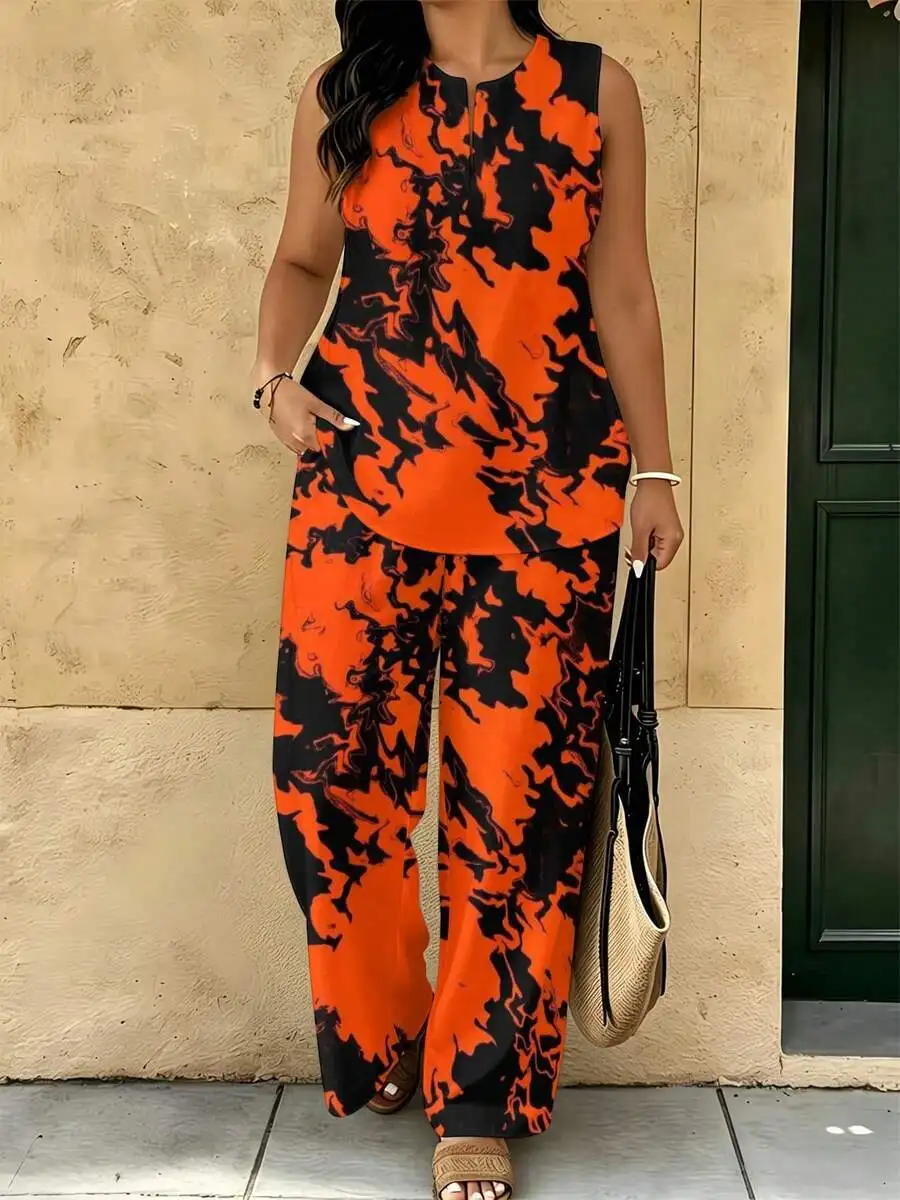 2PCS Women Casual Abstract Orange Black Swirl Print Sleeveless Top And Wide Leg Pants
2PCS Women Casual Abstract Orange Black Swirl Print Sleeveless Top And Wide Leg Pants