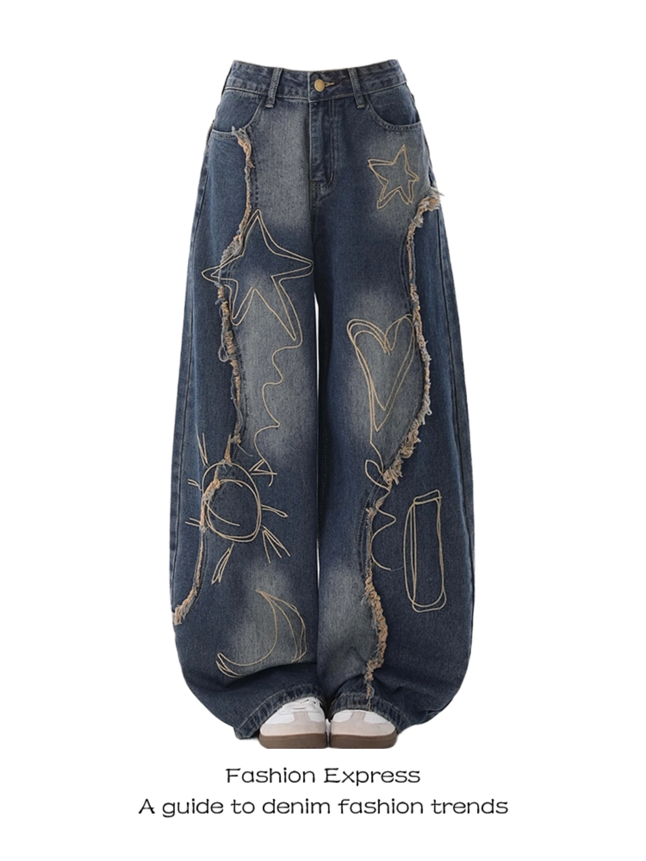 American Retro Embroidered Wide Leg Jeans High Street Style Women's Summer New Vintage Frayed Casual High Waist Denim
American Retro Embroidered Wide Leg Jeans High Street Style Women's Summer New Vintage Frayed Casual High Waist Denim