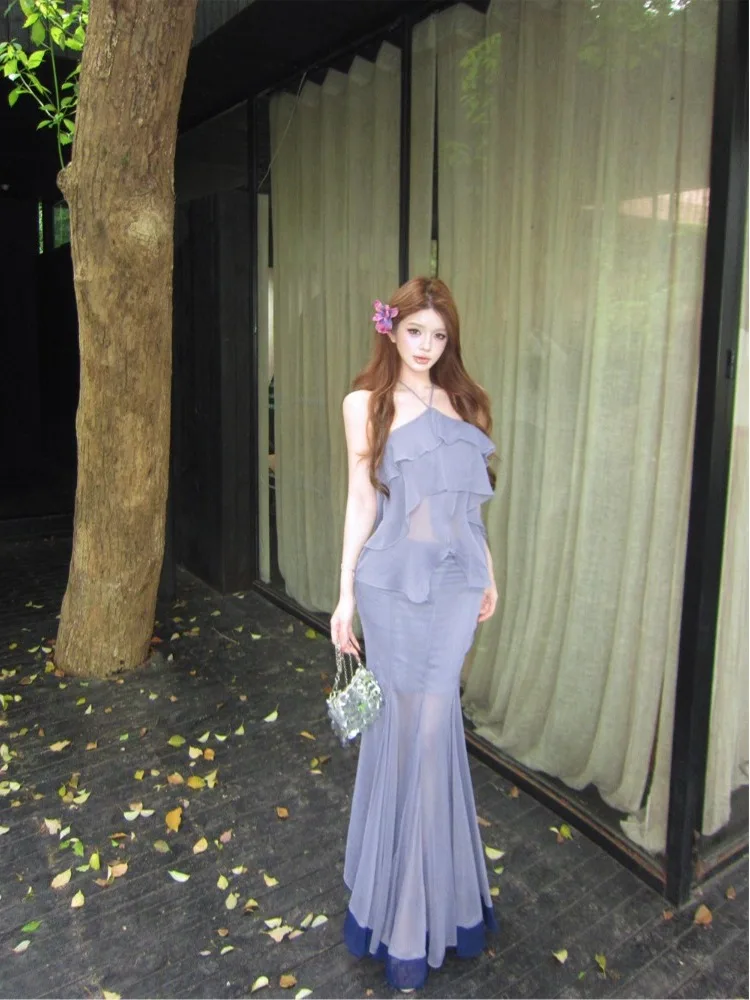 Summer New Fashionable Pure Desire Holiday Strap Neck Lace Trim Top Chiffon Skirt Fish Tail Long Dress Women's Set
Summer New Fashionable Pure Desire Holiday Strap Neck Lace Trim Top Chiffon Skirt Fish Tail Long Dress Women's Set