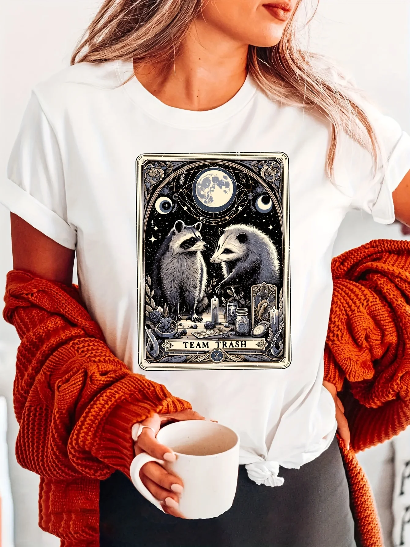 Women's Team Trash Tarot Card Opossum Witchcraft Goth T-Shirt - Mystical Raccoon & Moon Graphic Print, Soft Cotton Short
Women's Team Trash Tarot Card Opossum Witchcraft Goth T-Shirt - Mystical Raccoon & Moon Graphic Print, Soft Cotton Short