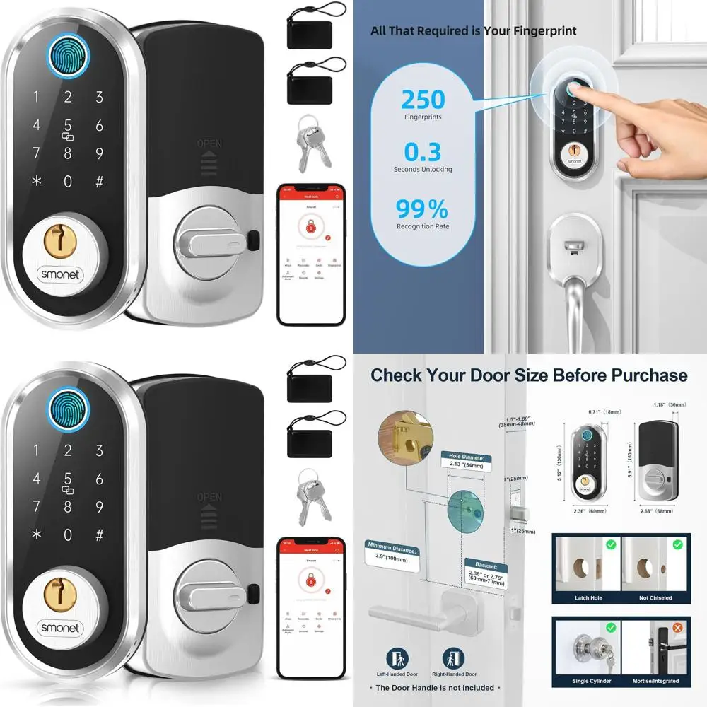 Цифровой дверной замок с функцией распознавания отпечатков пальцев, Bluetooth, клавиатурой и совместимостью с Alexa
Цифровой дверной замок с функцией распознавания отпечатков пальцев, Bluetooth, клавиатурой и совместимостью с Alexa