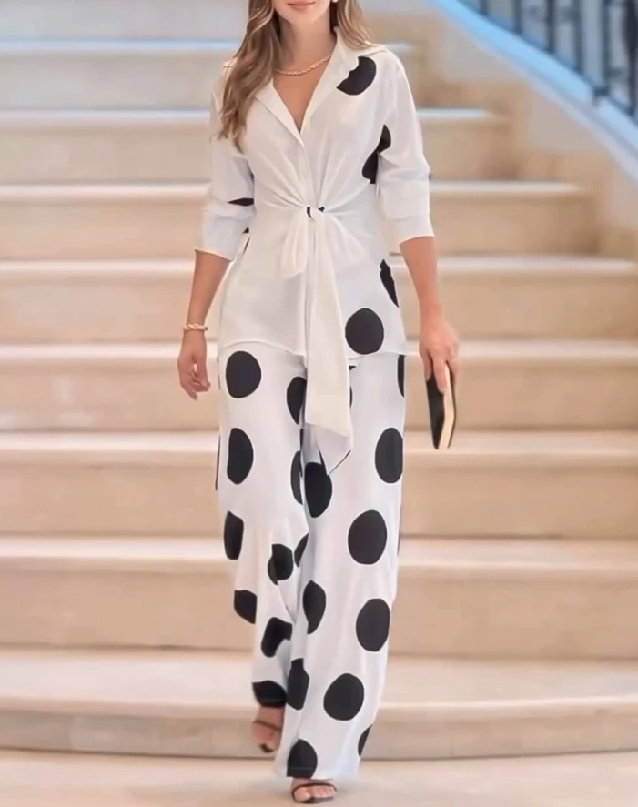 Fashion Trousers 2 Pieces Outfit for Woman Polka Dot Pattern Long Sleeve Waist Tied Detail Blouse & Casual Wide Leg Pants Set
Fashion Trousers 2 Pieces Outfit for Woman Polka Dot Pattern Long Sleeve Waist Tied Detail Blouse & Casual Wide Leg Pants Set
