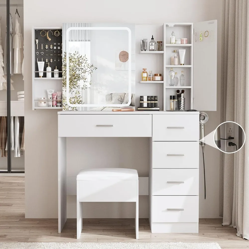 Makeup desk with mirror and light, with power outlet and sliding locker, visual drawer makeup desk with 5 drawers
Makeup desk with mirror and light, with power outlet and sliding locker, visual drawer makeup desk with 5 drawers