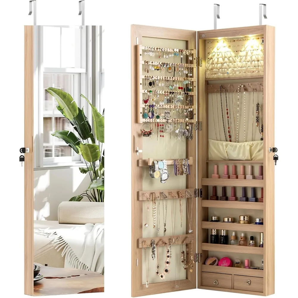Moccha Wall Door Jewelry Armoire,Full Length Mirrored Jewelry Cabinet with 2 LED Lights and 2 Drawers, Customized
Moccha Wall Door Jewelry Armoire,Full Length Mirrored Jewelry Cabinet with 2 LED Lights and 2 Drawers, Customized