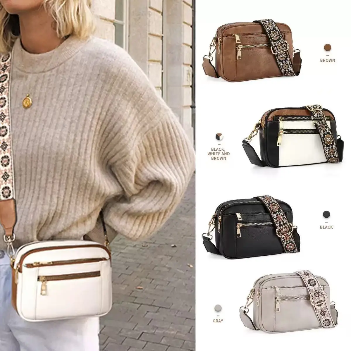 Retro fashion women's crossbody bag with striped straps, multiple pockets, handmade color blocking, multifunctional outdoor PU s
Retro fashion women's crossbody bag with striped straps, multiple pockets, handmade color blocking, multifunctional outdoor PU s