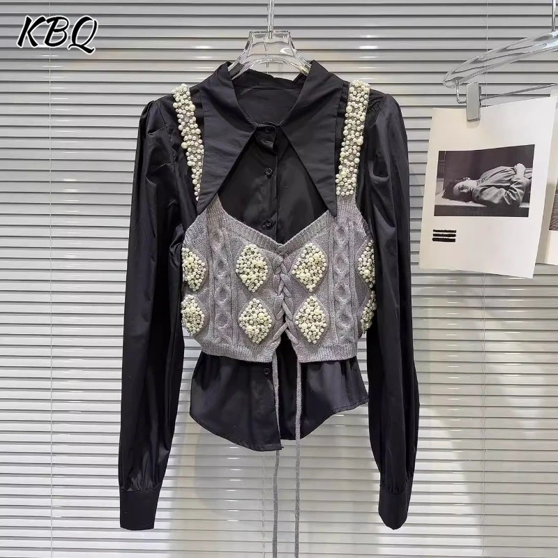 KBQ Elegant Chic Two Piece Sets For Women Lapel Long Sleeve Shirt Knitting Spliced Pearl Vest Temperament Set Female Fashion New
KBQ Elegant Chic Two Piece Sets For Women Lapel Long Sleeve Shirt Knitting Spliced Pearl Vest Temperament Set Female Fashion New