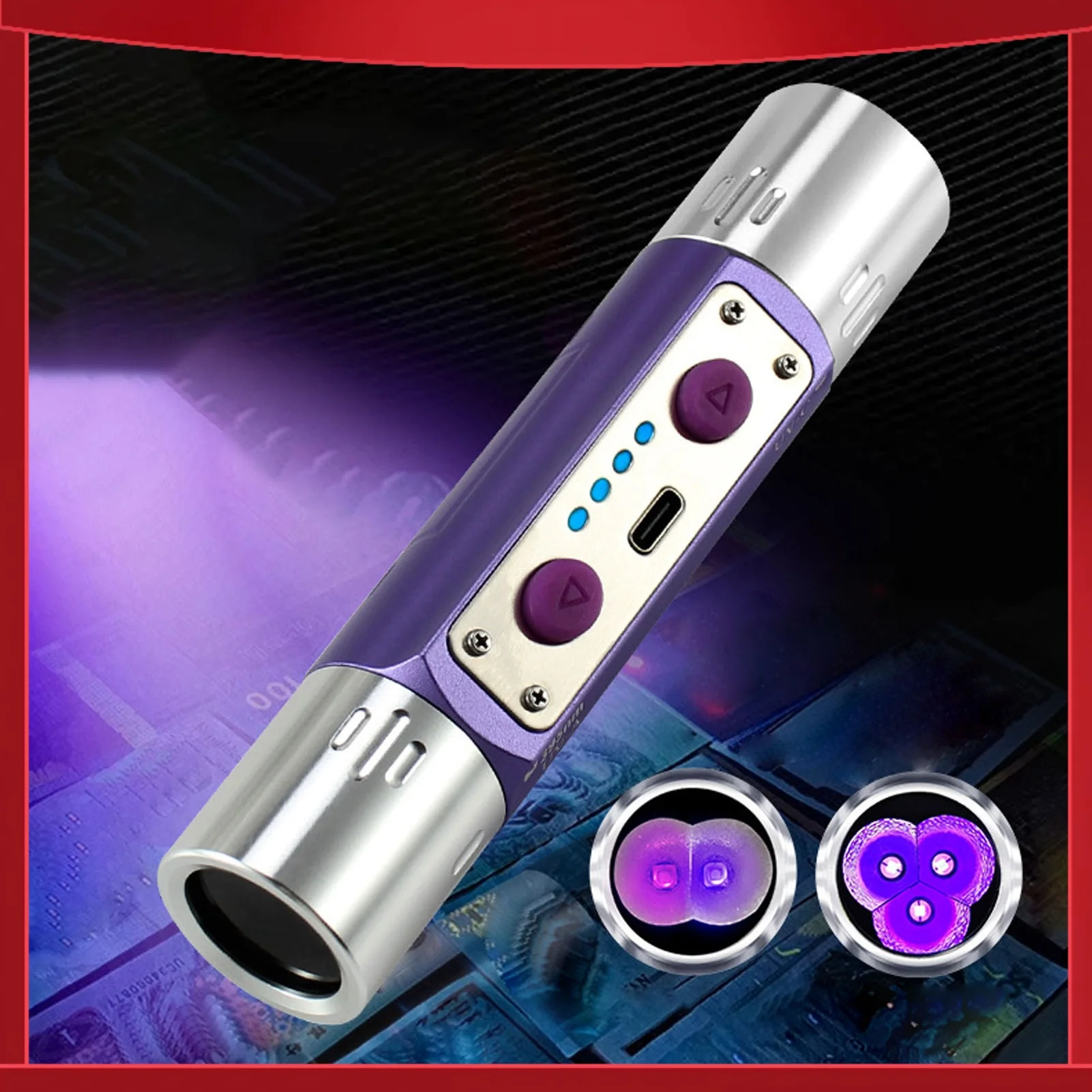 Фиолетовый фонарик-детектор с двумя головками, многофункциональный, для обнаружения флуоресцентных веществ, чернил, валют и ювелирных изделий
Фиолетовый фонарик-детектор с двумя головками, многофункциональный, для обнаружения флуоресцентных веществ, чернил, валют и ювелирных изделий