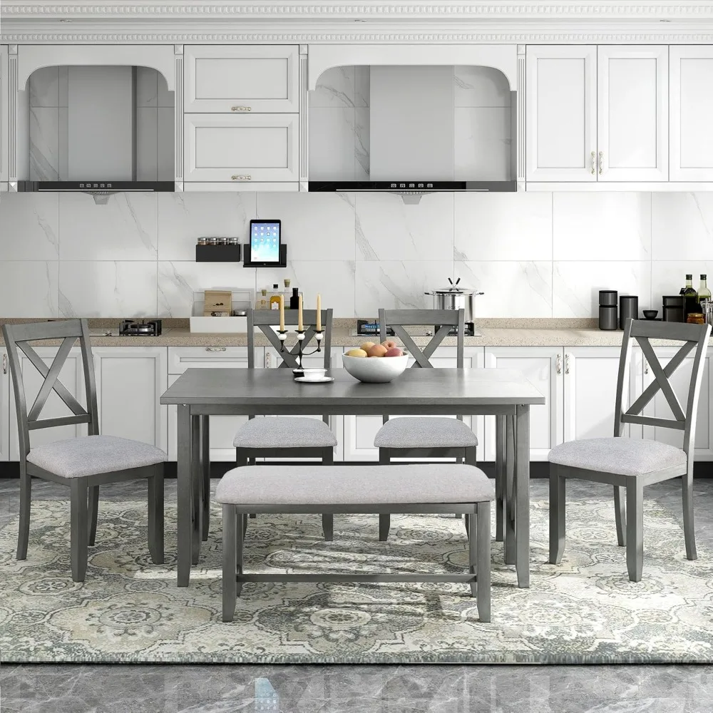 6 Piece Dining Table Set, Foldable Table and Upholstered Seating 6 Persons, Farmhouse Dining Room Set
6 Piece Dining Table Set, Foldable Table and Upholstered Seating 6 Persons, Farmhouse Dining Room Set