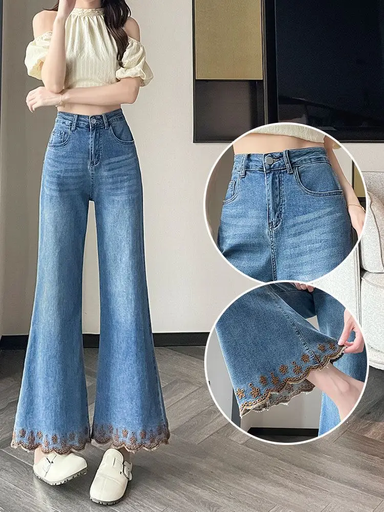 Retro High Waist Bell Bottom Denim Jeans Women's Spring Autumn Large Size Embroidered Lace Trim Slimming Nine Point Pants
Retro High Waist Bell Bottom Denim Jeans Women's Spring Autumn Large Size Embroidered Lace Trim Slimming Nine Point Pants