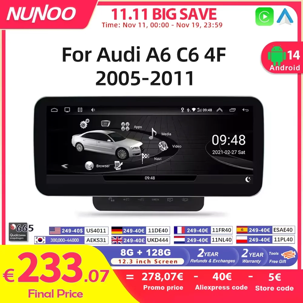 Nunoo Android 14 автомобильный экранный плеер для Audi A6 C6 4F 2005-2011 GPS Navi мультимедийное стерео 8 + 128 ГБ ОЗУ WIFI CarPlay
Nunoo Android 14 автомобильный экранный плеер для Audi A6 C6 4F 2005-2011 GPS Navi мультимедийное стерео 8 + 128 ГБ ОЗУ WIFI CarPlay