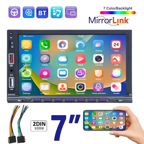 Radio samochodowe 2 DIN HD o przekątnej 17,78 cm z funkcją Mirror Link, zestawem głośnomówiącym, odtwarzaczem MP5, pilotem na podczerwień, wbudowanym rejestratorem jazdy, wejściem USB i Aux.