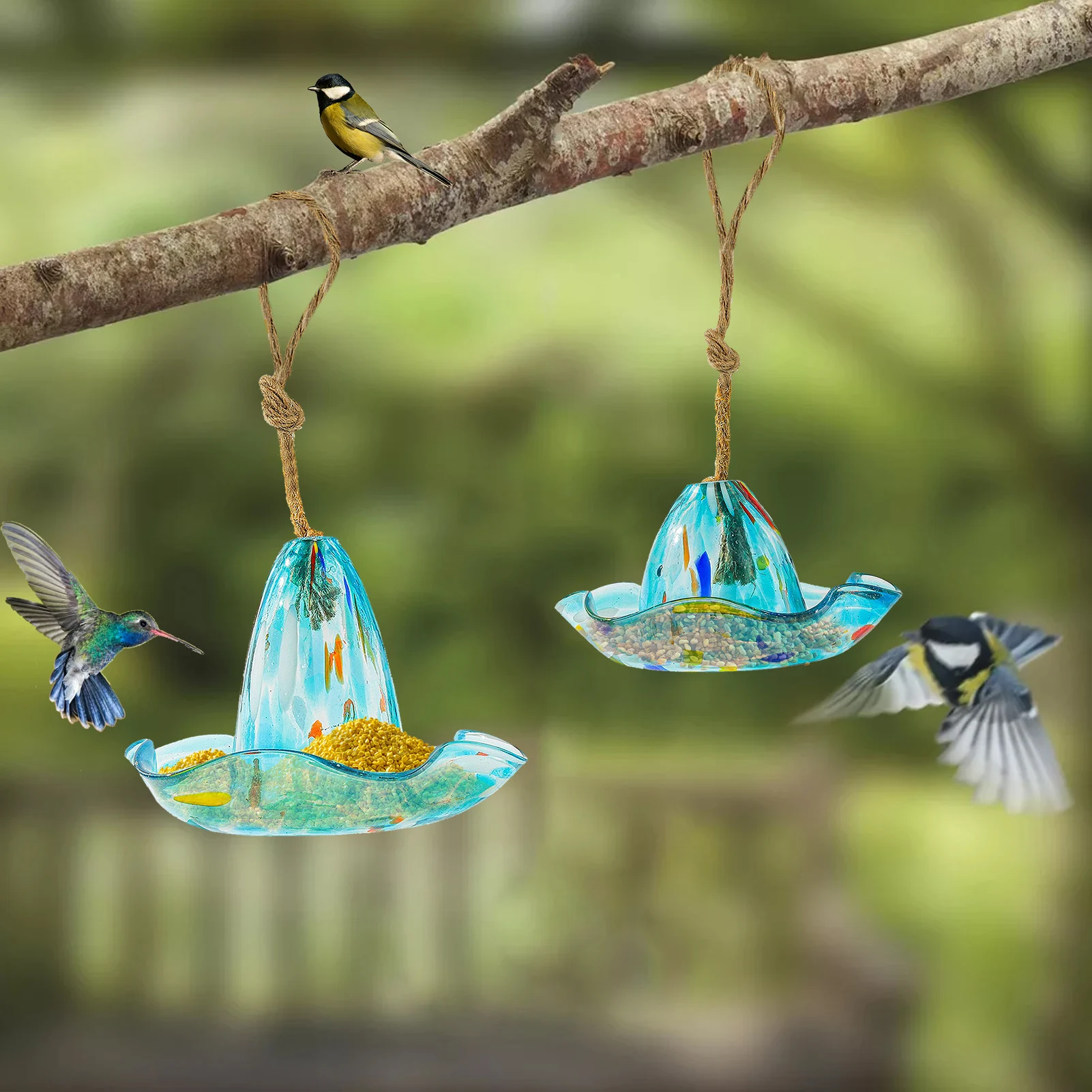 Transparent Blue Glass Bird Feeder with Colorful Fragments, Hanging Outdoor Decor Hanging Bird Feeder for Gardens & Yards
Transparent Blue Glass Bird Feeder with Colorful Fragments, Hanging Outdoor Decor Hanging Bird Feeder for Gardens & Yards