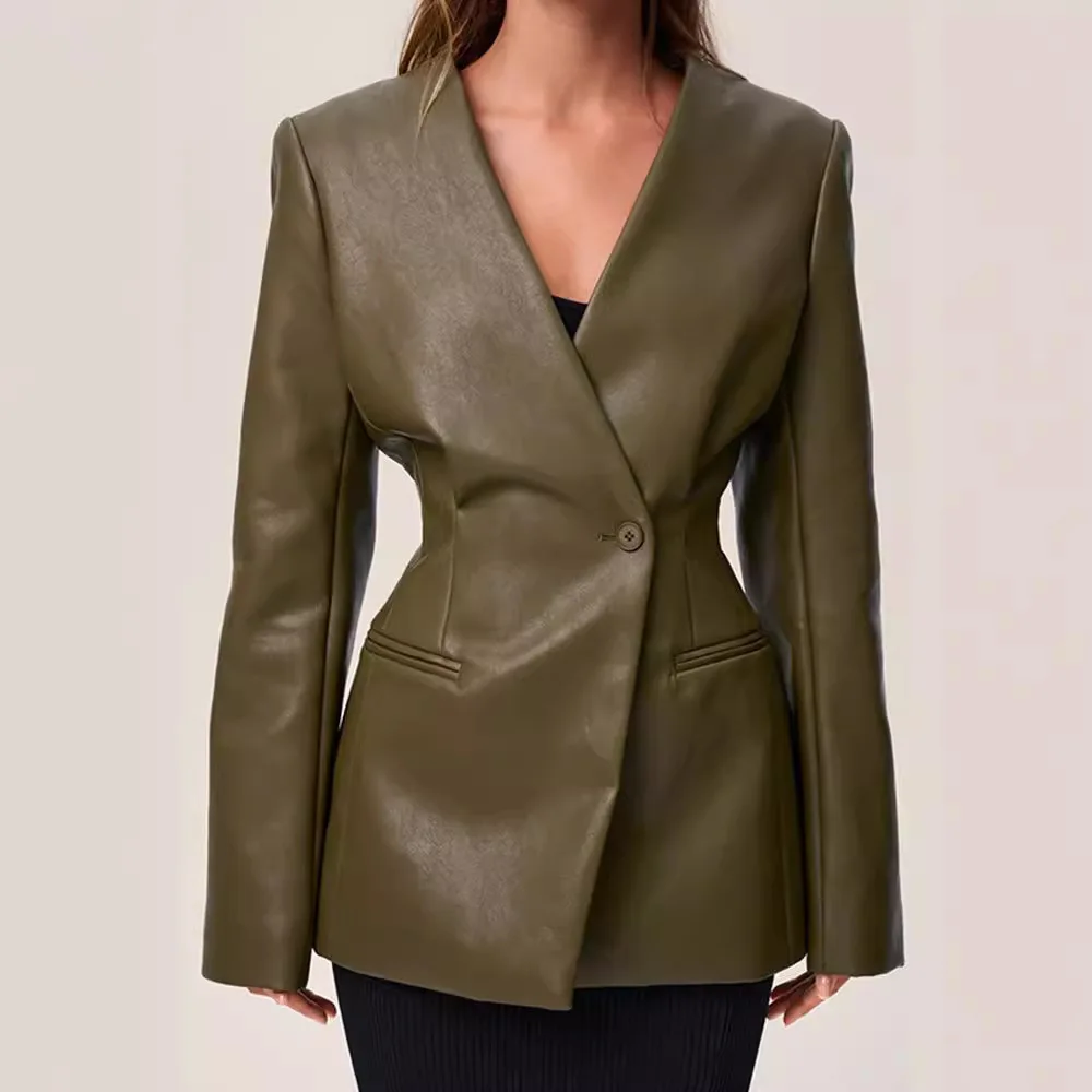 Fashionable Green Slim Fit Suit Jacket V Neck PU Leather Coat Elegant Atmosphere Spring Autumn New Style Cross Border
Fashionable Green Slim Fit Suit Jacket V Neck PU Leather Coat Elegant Atmosphere Spring Autumn New Style Cross Border