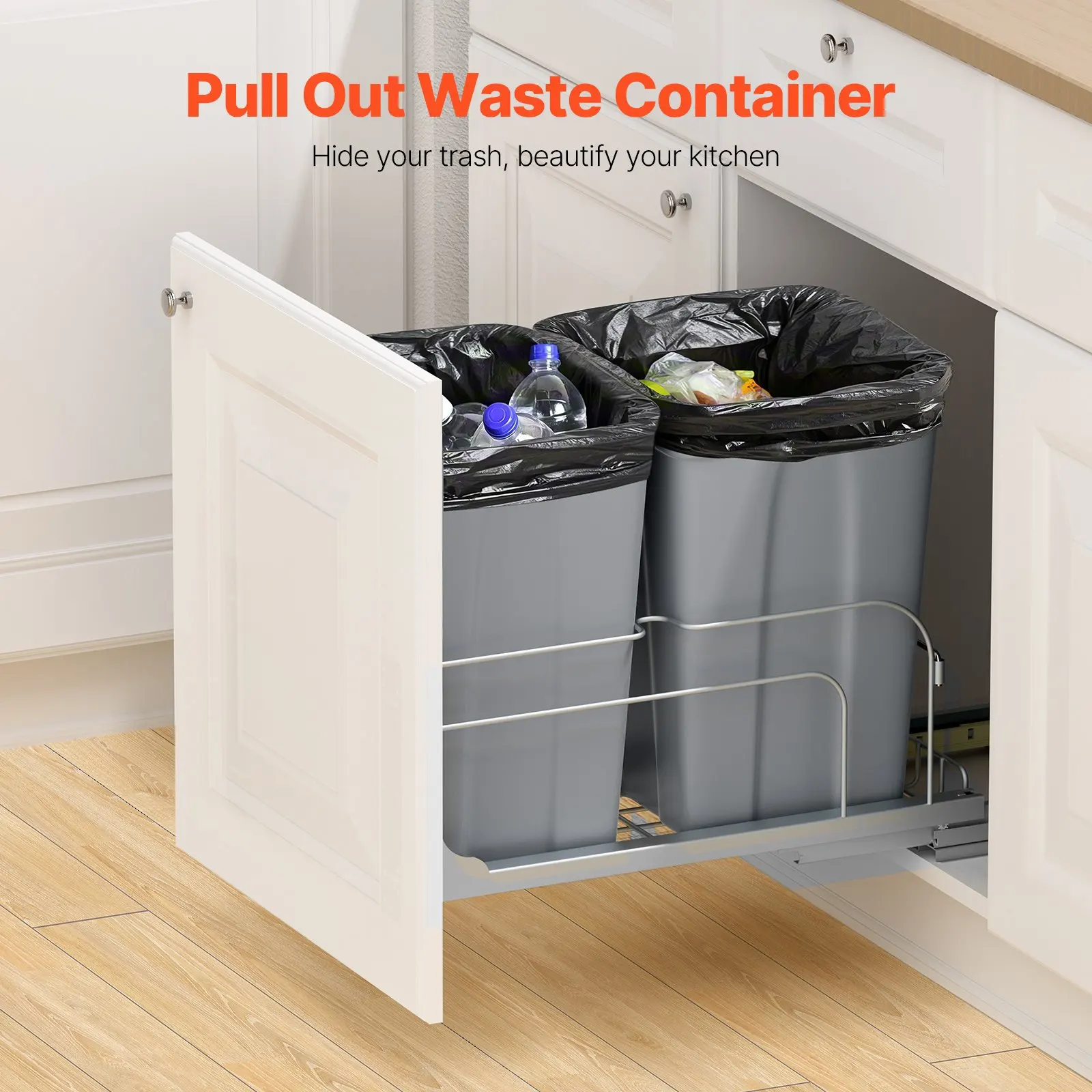 Pull-Out Trash Can, 27 QT x2 Double Under Mount Kitchen Waste Container, Heavy Duty Garbage Recycling Bin with Door Kit and S
Pull-Out Trash Can, 27 QT x2 Double Under Mount Kitchen Waste Container, Heavy Duty Garbage Recycling Bin with Door Kit and S