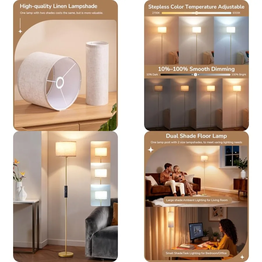 Modern Floor Lamp with 2 Shades, Adjustable Brightness and Color Temperature, Remote Control, Minimalist Standing Lamp, E26, A1
Modern Floor Lamp with 2 Shades, Adjustable Brightness and Color Temperature, Remote Control, Minimalist Standing Lamp, E26, A1