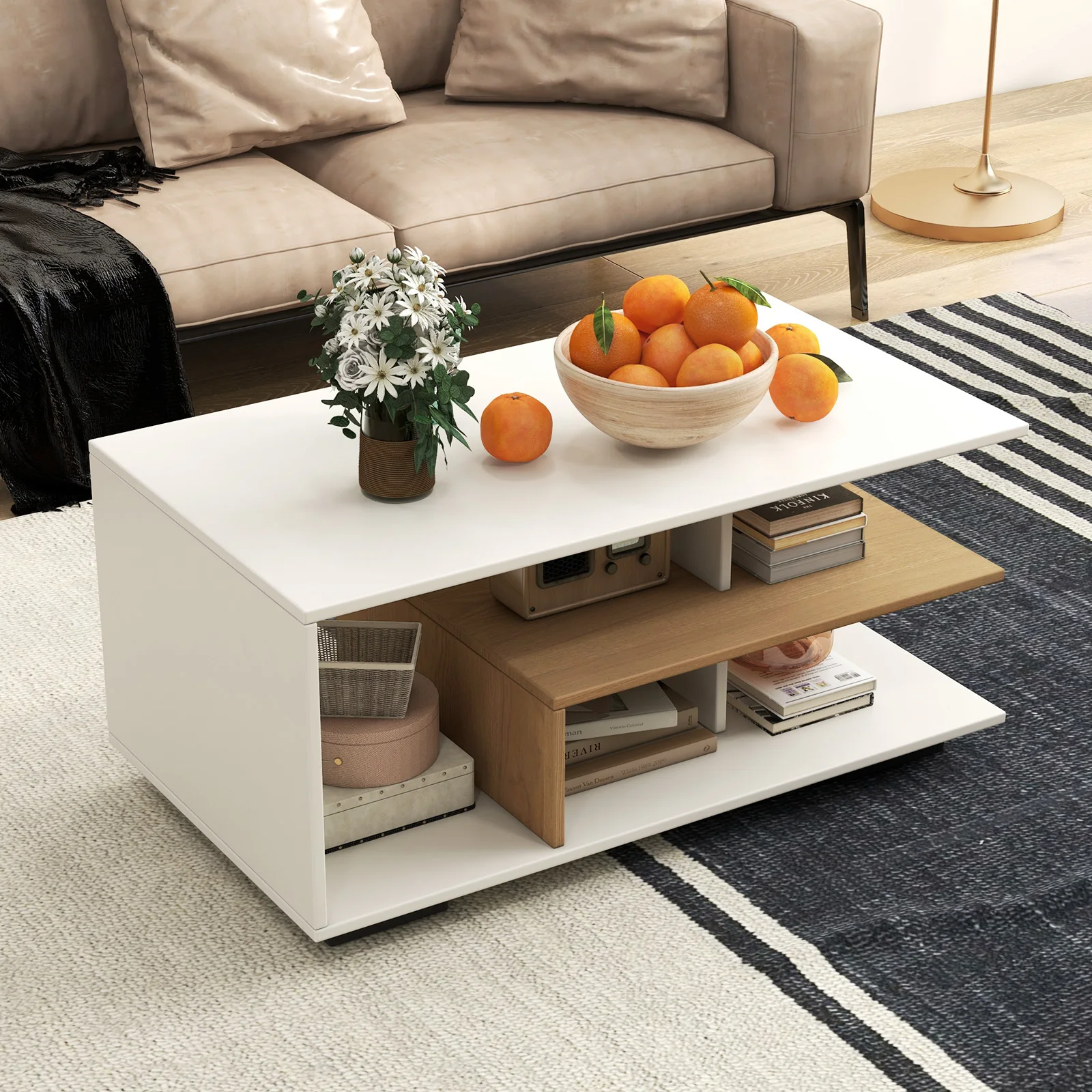 Rectangular Coffee Table with L-shaped Middle Shelf-White
Rectangular Coffee Table with L-shaped Middle Shelf-White