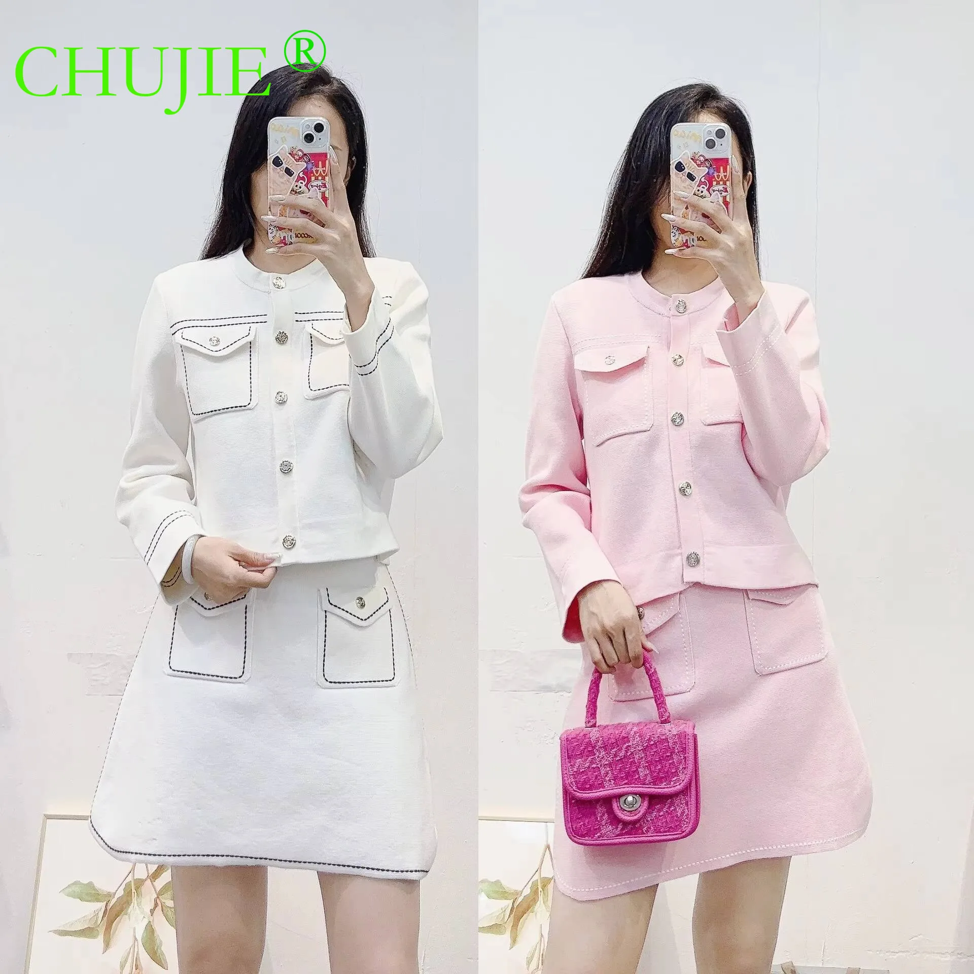 CHUJIE 2025 Autumn French Chic 2-Piece Set - Pink / White Round Neck Knit Long Sleeve Cardigan & Skirt, Sweet Youthful Style
CHUJIE 2025 Autumn French Chic 2-Piece Set - Pink / White Round Neck Knit Long Sleeve Cardigan & Skirt, Sweet Youthful Style