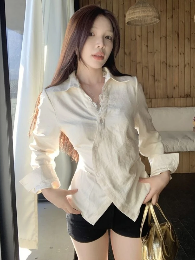 Spring Autumn Blouses Irregular Single Breasted Solid Color V Neck Lace Patchwork Shirts Female Slim Tops Design Women Clothing
Spring Autumn Blouses Irregular Single Breasted Solid Color V Neck Lace Patchwork Shirts Female Slim Tops Design Women Clothing