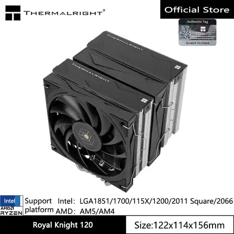 Thermalright Royal Knight 120 Radiatore di raffreddamento ad aria del telaio, 6 tubi di calore a doppia torre e doppia ventola, supporto LGA1700/115X/AM5/AM4