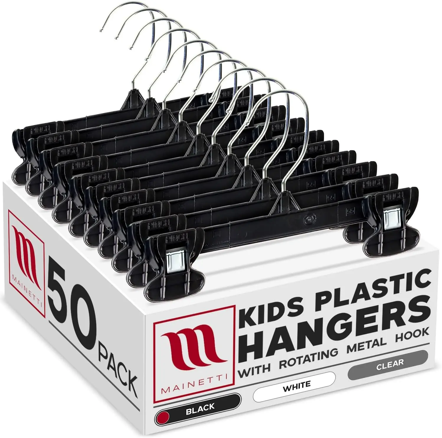 Black Plastic Children's Hangers 50 Pack with Rotating Metal Hook and Non-Slip Clips for Pants Skirts Bottoms, 8 Inch
Black Plastic Children's Hangers 50 Pack with Rotating Metal Hook and Non-Slip Clips for Pants Skirts Bottoms, 8 Inch