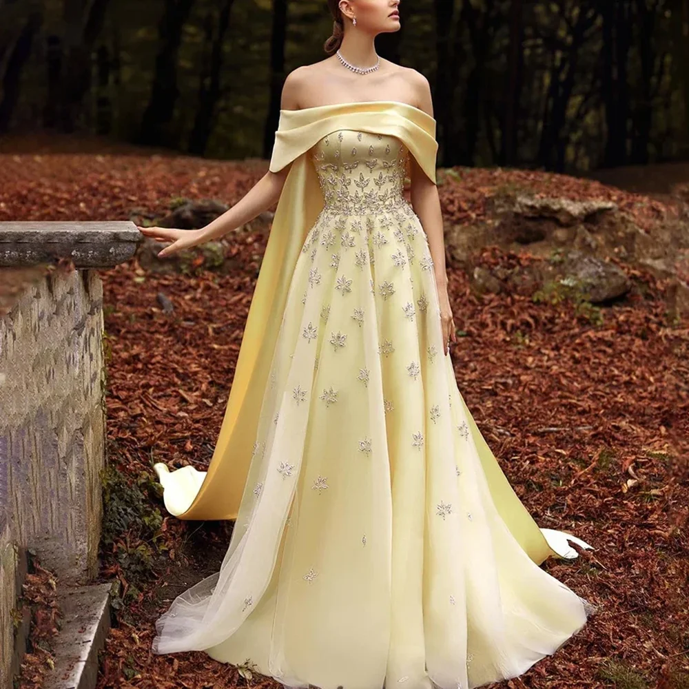New Fashion Arabic Yellow Satin A-Line Evening Dress For Women Glistening Diamond Beaded Formal Party Red Carpet Tailored Gown
New Fashion Arabic Yellow Satin A-Line Evening Dress For Women Glistening Diamond Beaded Formal Party Red Carpet Tailored Gown