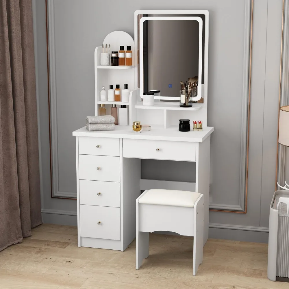 Makeup vanity desk with lighted mirror, 5 drawers and storage shelves, 3-color lighting mirror, cushioned stool
Makeup vanity desk with lighted mirror, 5 drawers and storage shelves, 3-color lighting mirror, cushioned stool