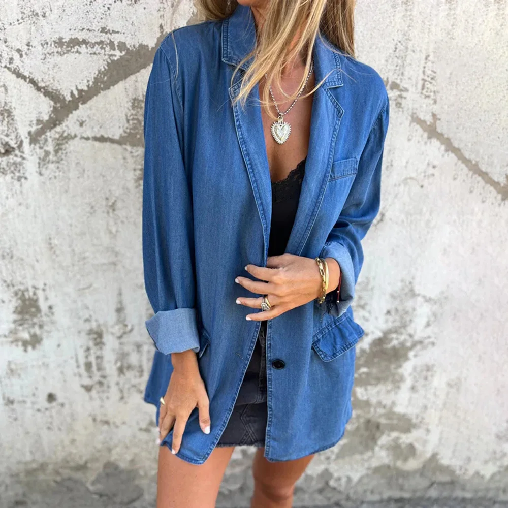 Spring and Summer Fashion Denim Jacket with Pockets, European and American Ladies Loose Single Button Suit Collar Denim Jacket
Spring and Summer Fashion Denim Jacket with Pockets, European and American Ladies Loose Single Button Suit Collar Denim Jacket