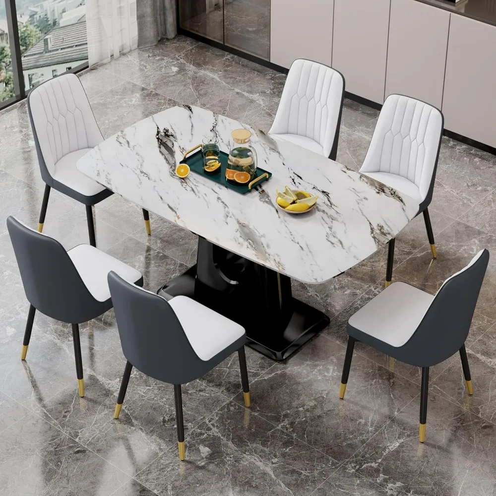 63” Dining Table Set for 6, Modern Dining Table Set for 6, Faux Marble Table Top with 6 PU Leather Upholstered Chairs for Dining
63” Dining Table Set for 6, Modern Dining Table Set for 6, Faux Marble Table Top with 6 PU Leather Upholstered Chairs for Dining