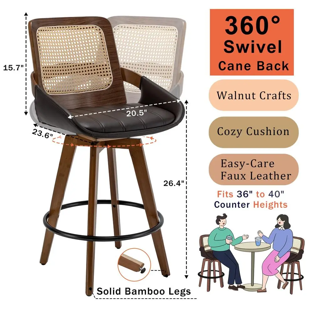 of 2 Bar Stools Counter Height 26.4 inch Swivel Walnut Counter Stools with Cane Back, holstered Seat, Curved Arms, Rattan Cou
of 2 Bar Stools Counter Height 26.4 inch Swivel Walnut Counter Stools with Cane Back, holstered Seat, Curved Arms, Rattan Cou