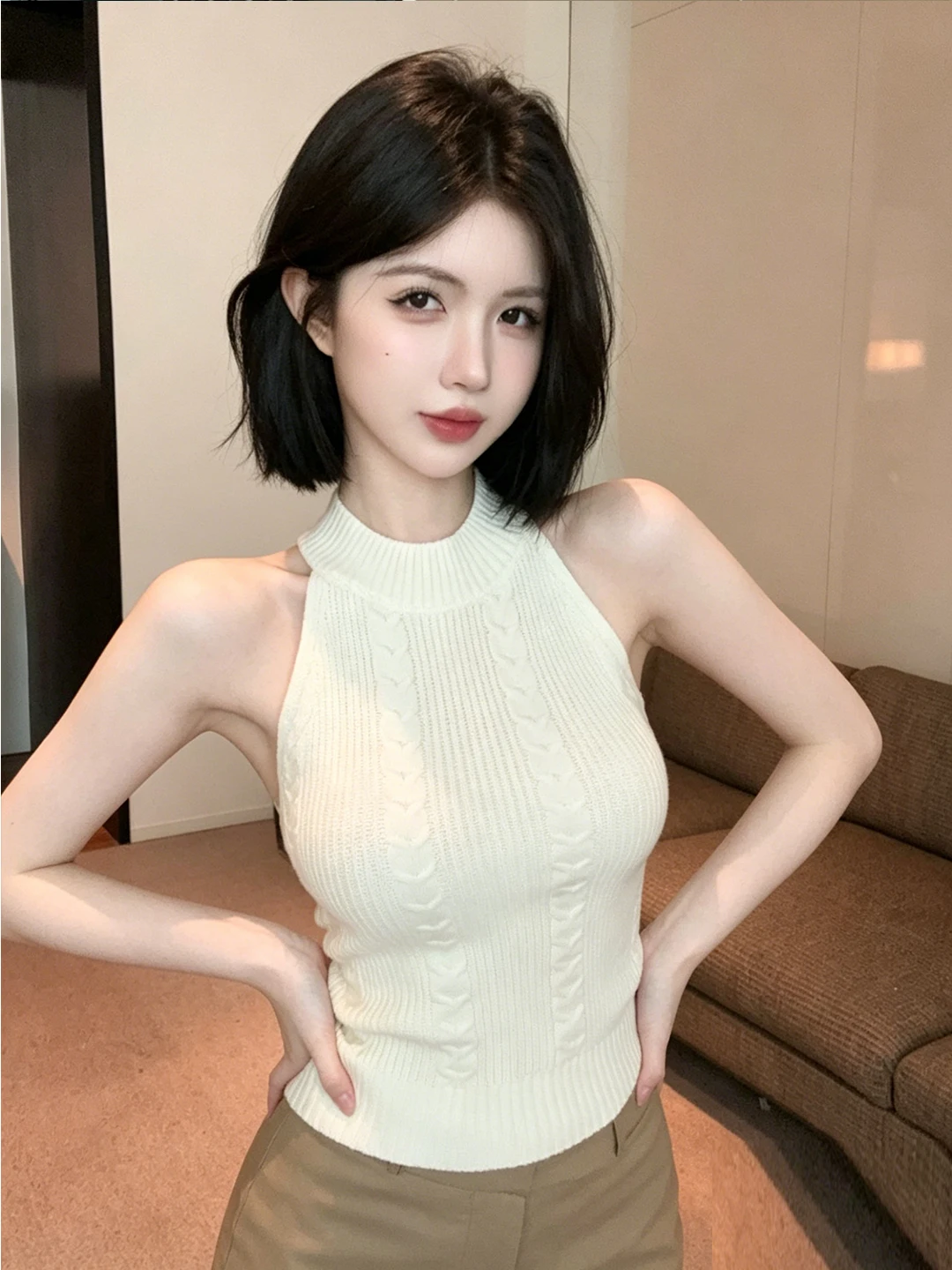 Elegant Neck Hanging Sleeveless Knitted Vest Summer Design Slimming Sexy Short Top French Style Soft Polyester Fiber
Elegant Neck Hanging Sleeveless Knitted Vest Summer Design Slimming Sexy Short Top French Style Soft Polyester Fiber