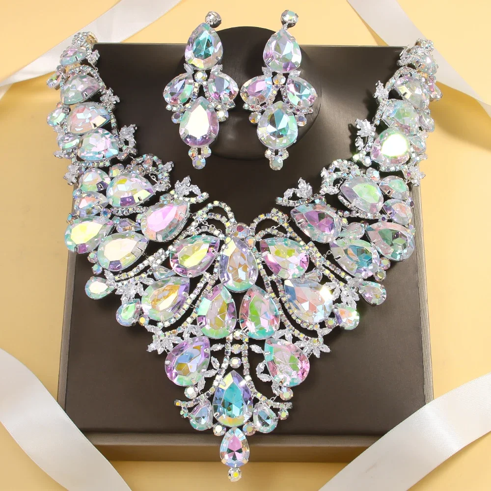 Colorful Exaggerate Necklace Earrings Set Nigerian Wedding Large Water Drop Rhinestone Bridal Jewelry Sets for Women Luxury Gift 
Colorful Exaggerate Necklace Earrings Set Nigerian Wedding Large Water Drop Rhinestone Bridal Jewelry Sets for Women Luxury Gift
