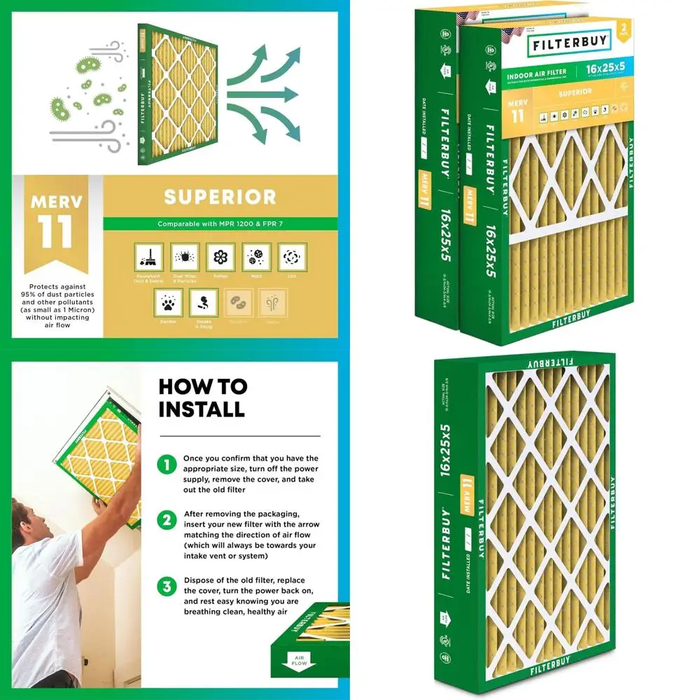 16x25x5 MERV 11 Air Filter - 2 Pack for Pet & Allergy Relief, Fits HVAC AC Furnace
16x25x5 MERV 11 Air Filter - 2 Pack for Pet & Allergy Relief, Fits HVAC AC Furnace