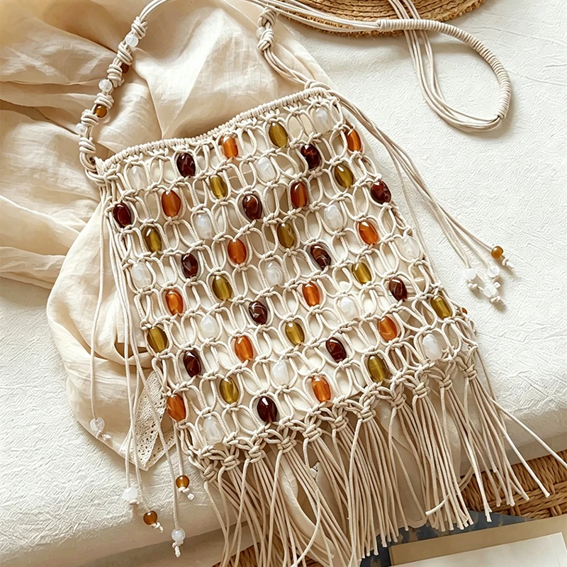 Summer Vacation Beach Bag Bohemian Wax Rope Beaded Woven Bucket Purse, Vintage Exquisite Magnetic Buckle Crossbody Bag For Women
Summer Vacation Beach Bag Bohemian Wax Rope Beaded Woven Bucket Purse, Vintage Exquisite Magnetic Buckle Crossbody Bag For Women