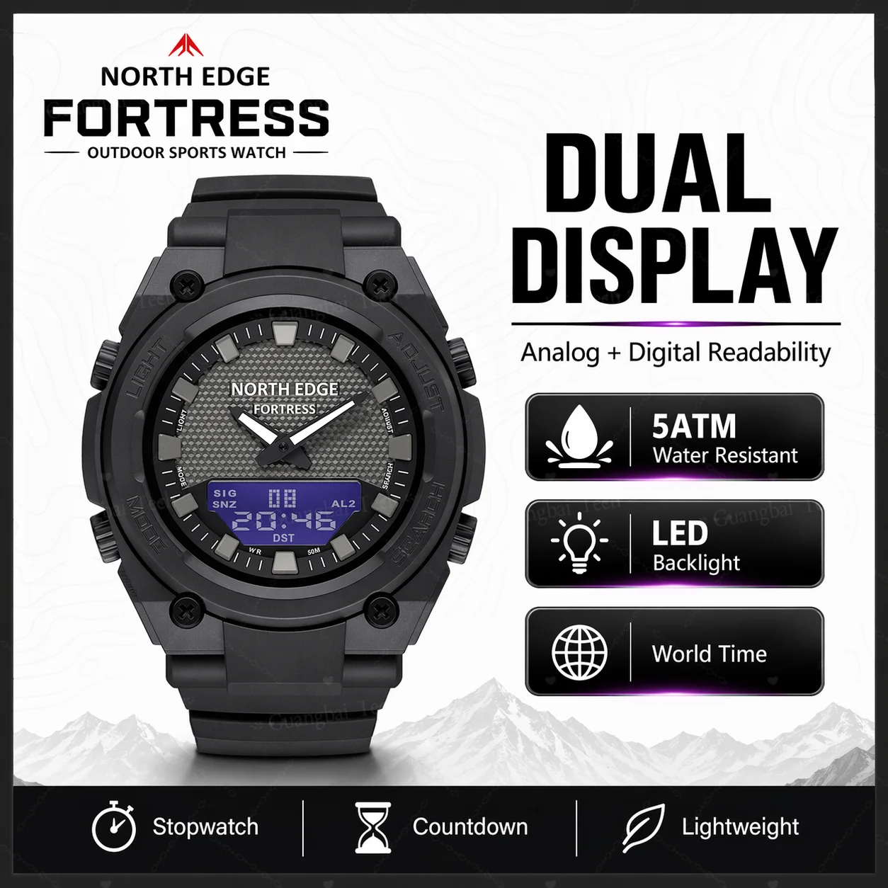 NORTH EDGE FORTRESS Men Digital Watch Dual Display Outdoor Sport Rugged LED Smart Watch with Countdown World Time Hiking&Fitness
NORTH EDGE FORTRESS Men Digital Watch Dual Display Outdoor Sport Rugged LED Smart Watch with Countdown World Time Hiking&Fitness