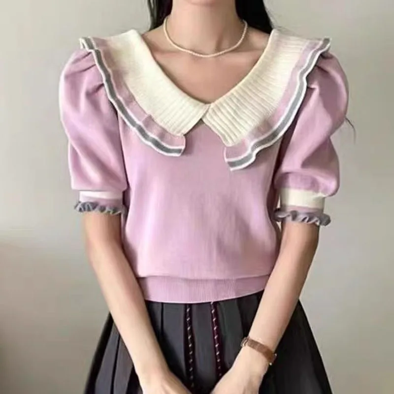 Women Clothing Fashion Sweet Puff Short Sleeve T-shirt Summer Peter Pan Collar Casual Office Lady Elegant Pullovers Knit Top Tee 
Women Clothing Fashion Sweet Puff Short Sleeve T-shirt Summer Peter Pan Collar Casual Office Lady Elegant Pullovers Knit Top Tee
