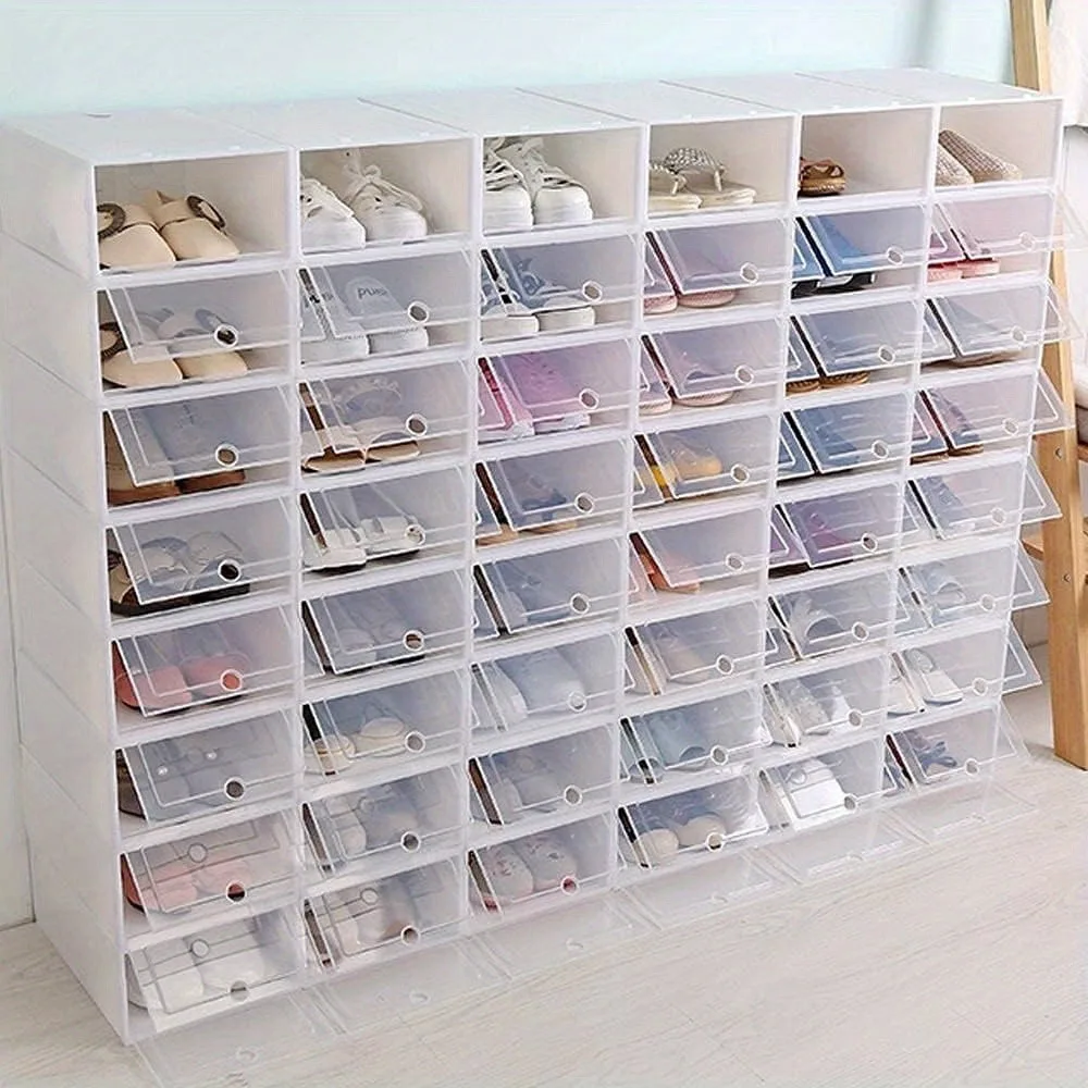 Stackable Clear Plastic Shoe Storage Box - A foldable, flip-top storage box with round holes, perfect for sneakers and ankle boots
Stackable Clear Plastic Shoe Storage Box - A foldable, flip-top storage box with round holes, perfect for sneakers and ankle boots