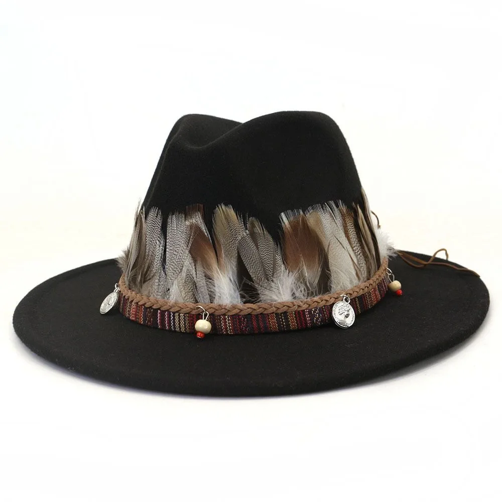 Feather Ethnic Style Decorative Band Fedora Hat Men Women Jazz Flat Brim Hat British Woolen Knight Cap
Feather Ethnic Style Decorative Band Fedora Hat Men Women Jazz Flat Brim Hat British Woolen Knight Cap
