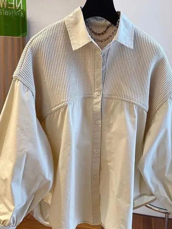 Casual Knitted Splice Fake Two-Piece irt Women Loose Version Slimming Fat MM Top Autumn Seasonal Long Sve Collar
Casual Knitted Splice Fake Two-Piece irt Women Loose Version Slimming Fat MM Top Autumn Seasonal Long Sve Collar