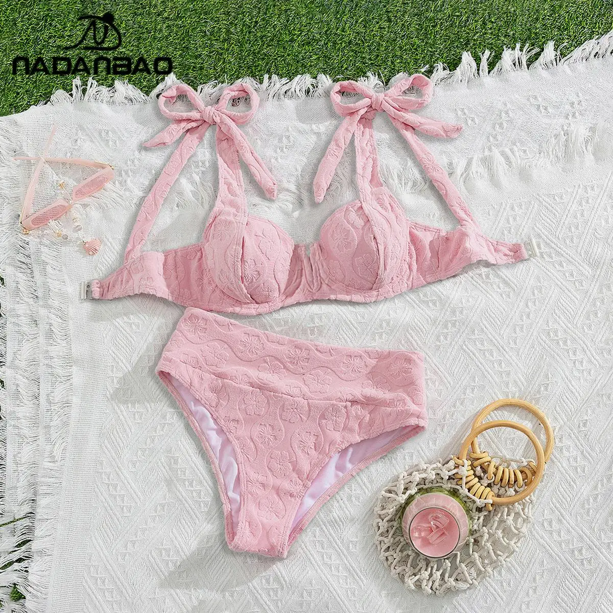Nadanbao Sexy Pink Floral Bikini High Waist Thickened Swimwear Lace Up Bow Swimsuit Women Daily Wear Beach Vacation Bathing Suit
Nadanbao Sexy Pink Floral Bikini High Waist Thickened Swimwear Lace Up Bow Swimsuit Women Daily Wear Beach Vacation Bathing Suit