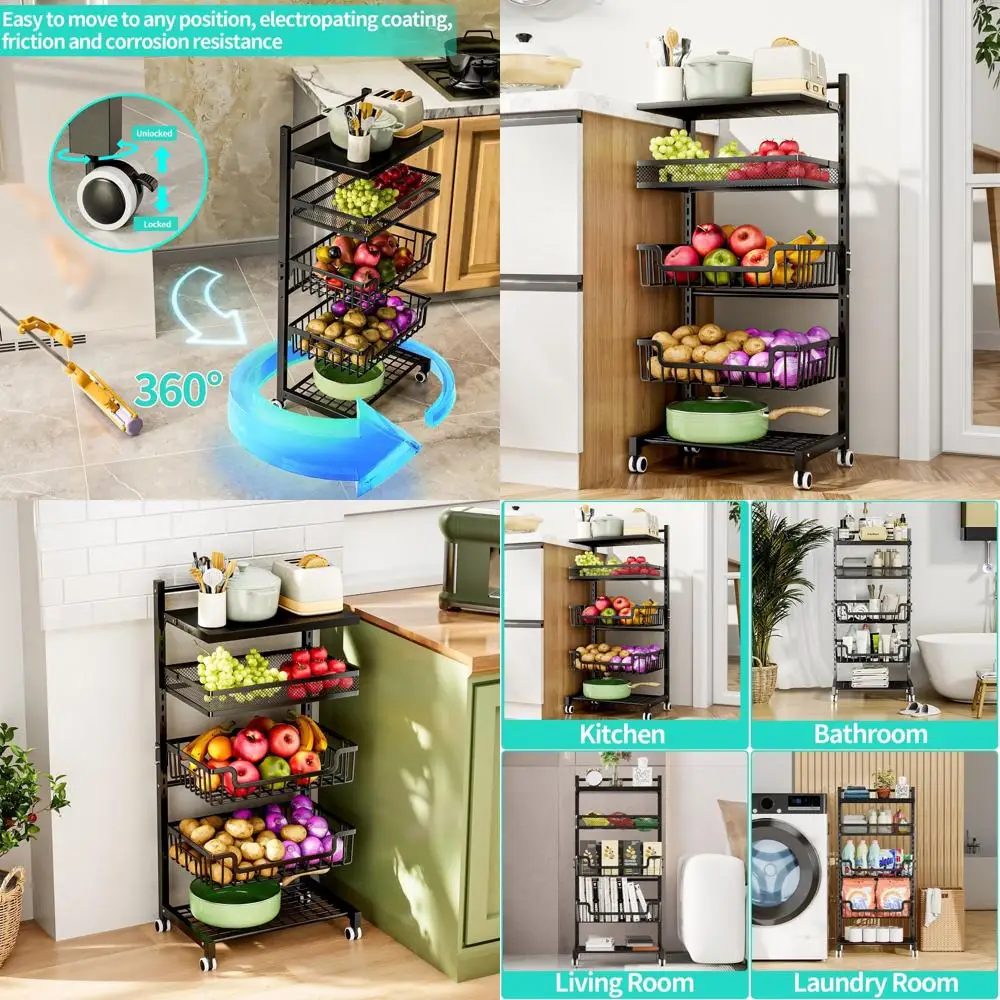 Adjustable 5-Tier Rolling Kitchen Storage Rack for Vegetables and Snacks
Adjustable 5-Tier Rolling Kitchen Storage Rack for Vegetables and Snacks