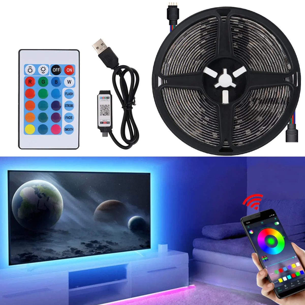 5M RGB LED Strip Lights APP Remote Control DC5V USB Flexible Ribbon Tape Led Lighting Room Automobile Interior Decoration
5M RGB LED Strip Lights APP Remote Control DC5V USB Flexible Ribbon Tape Led Lighting Room Automobile Interior Decoration