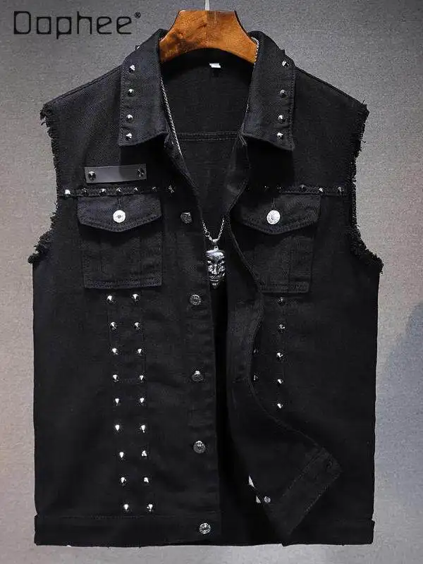 Spring Summer New American Motorcycle Punk Style Men's Black Rivet Sleeveless Denim Vest Waistcoat Streetwear Casual Tops
Spring Summer New American Motorcycle Punk Style Men's Black Rivet Sleeveless Denim Vest Waistcoat Streetwear Casual Tops
