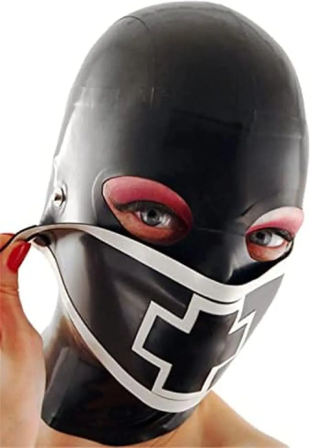 Latex Hood with Detachable Mouth Back Zipper Open Eyes Mouth Nose
Latex Hood with Detachable Mouth Back Zipper Open Eyes Mouth Nose