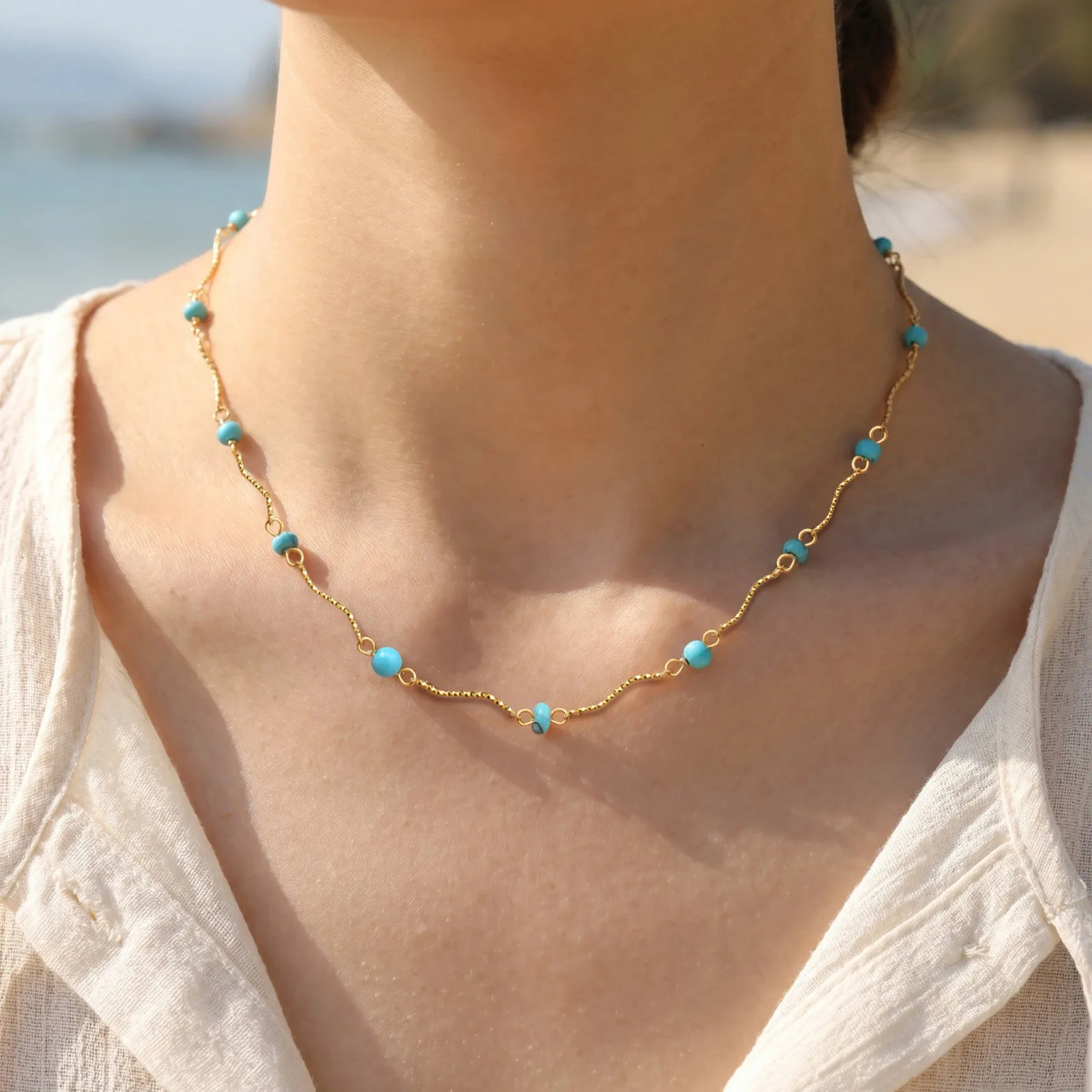 Waterproof Turquoise Necklace Gold Plated Stainless Steel Non-tarnish Wavy Link Chain Bead Choker Necklace Summer Boho Jewelry
Waterproof Turquoise Necklace Gold Plated Stainless Steel Non-tarnish Wavy Link Chain Bead Choker Necklace Summer Boho Jewelry