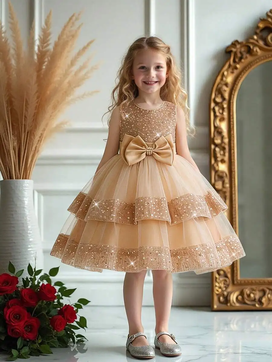 Elegant Evening Dress With Round Neck Sequins Bow And Tulle For Formal Party
Elegant Evening Dress With Round Neck Sequins Bow And Tulle For Formal Party